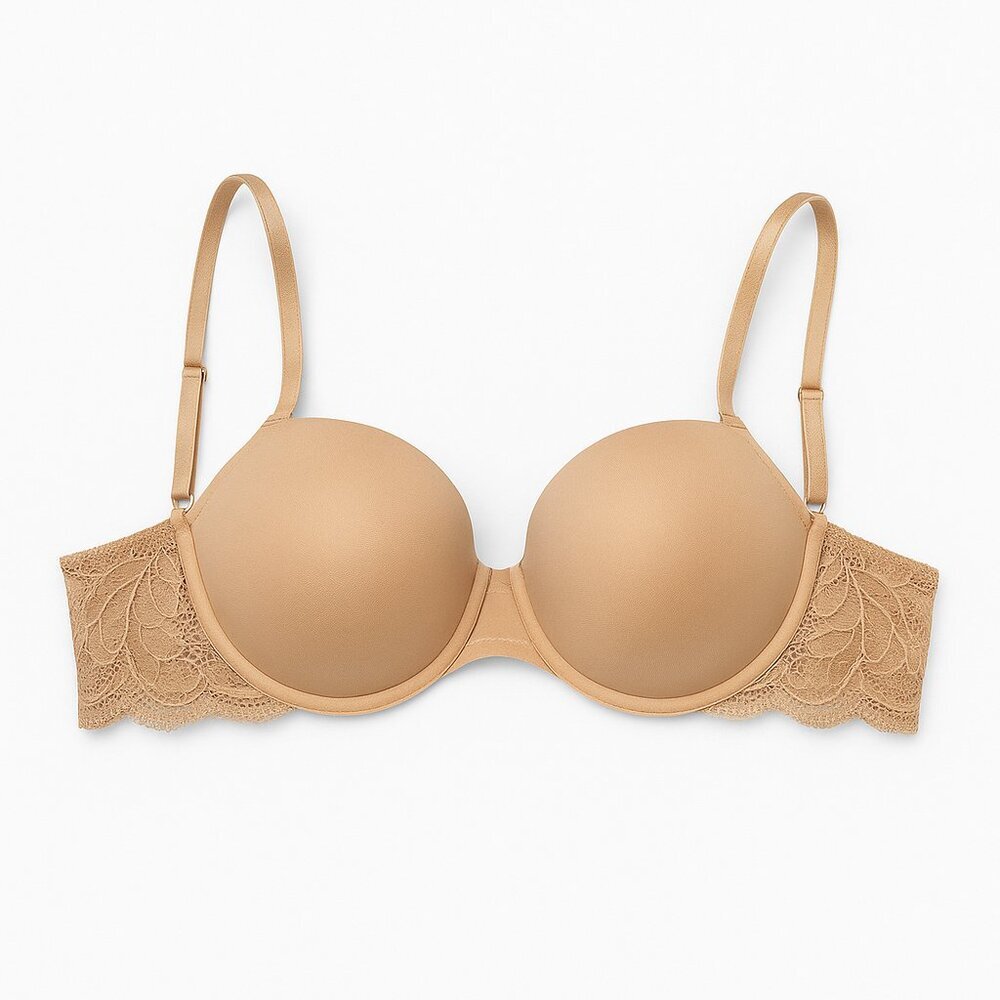 Felina Lace Trim Push-Up Underwire T-Shirt Bra Nude Beige Smooth Cup 32C